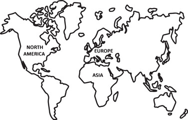 Simplified Black and White World Map Outline Featuring Major Continents
