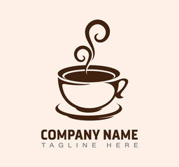 Rustic coffee cup logo with swirling steam on white background