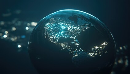 A sphere Earth, North America highlighted.  City lights glow