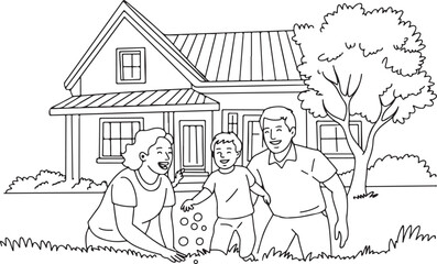 Happy Family Playing in the Yard of Their House Line Art Illustration