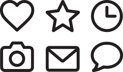 Simple Black Outline Icons Heart Star Square Email and Speech Bubble