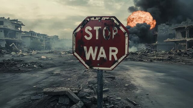 A stop war sign stands amidst the ruins of a city as explosions occur in the background, illustrating the aftermath of conflict