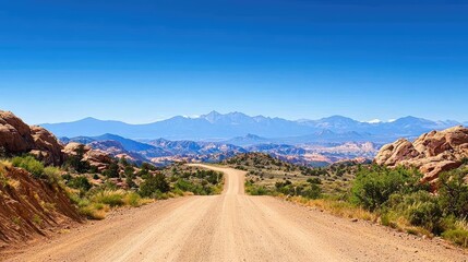 Dusty Desert Road Leading Towards Majestic Mountains Under Bright Blue Sky in Scenic Landscape
