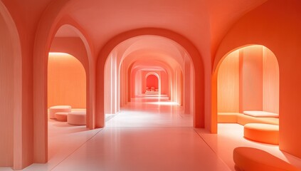 A coral-toned, archway-filled hallway with soft lighting