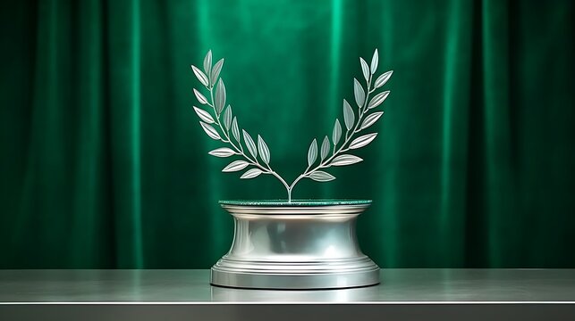 Sleek metallic silver podium with minimalistic olive branch patterns engraved, set against a deep emerald green background, diffused cool lighting, full frame. - Powered by Adobe