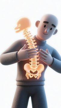 3D rendering of a cartoon man holding a glowing human spine, illustrating back health, spinal anatomy, and skeletal system; medical infographic concept