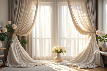 Neutral curtains gently blowing through an open window in a peaceful, light-filled interior with soft natural tones and elegant daylight - ideal for real estate and lifestyle home branding visuals