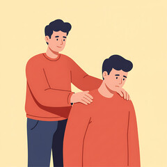Obraz premium Two men, one comforting the other, depicting empathy and support in a warm, supportive setting.