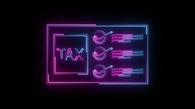 A bright neon "TAX" icon flickers to life, pulses rhythmically, then glows steadily. Occasional electric sparks animate around the edges, emphasizing urgency and financial importance.
