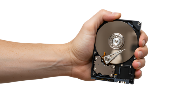 Holding Hard Disk Drive in Hand Showing Internal Components Detail