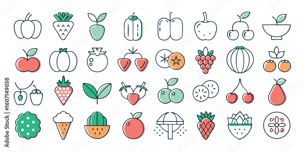Poster a collection of line icons depicting different fruits and vegetables, highlighting their unique form