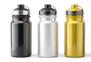 Black, white and yellow Empty Glossy Metal Thermos Water Bottle Isolated on White background