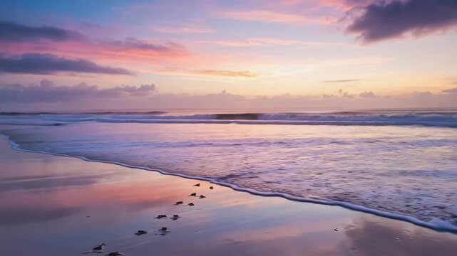 First journey of baby sea turtle hatchlings to the ocean on a tranquil beach at sunrise with a colorful sky
