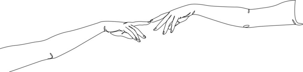 continuous single line drawing of two stretched out arms, index fingers touching, line art vector illustration