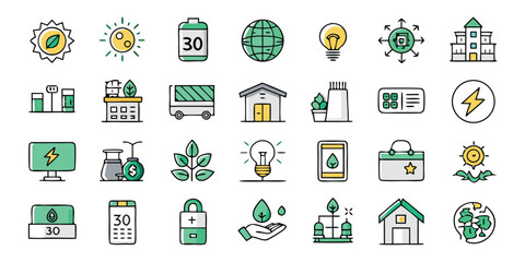 Fototapeta premium solar energy icons representing various aspects of solar power and sustainability..eps