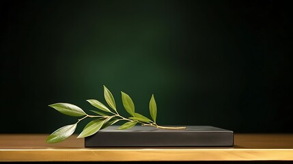 Square matte black podium with small clusters of olive leaves on the surface, placed in a deep green room with soft gold highlights, full frame.