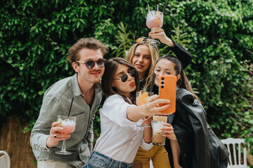 A lively gathering of friends holding beverages and posing for a fun selfie in an outdoor setting....