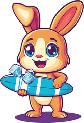 cute rabbit with surfboard holding ice on white background