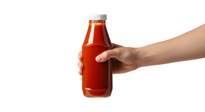 Holding Bottle of Red Sauce in Hand on White Background