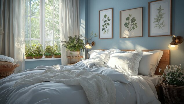 Sunlight streams into a cozy bedroom with a light blue wall, a bed dressed in white linens, and botanical prints