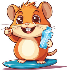 cute hamster with surfboard holding ice on white background