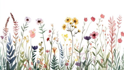 Watercolor meadow scene.  A horizontal arrangement of various wildflowers in a meadow.  Soft, muted colors.  Watercolor style © rosyad