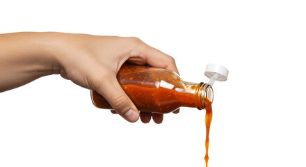 Pouring Spicy Sauce from Glass Bottle Held in Human Hand