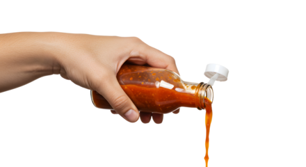 Pouring Spicy Sauce from Glass Bottle Held in Human Hand