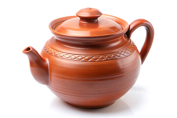 Brown clay teapot isolated on white background