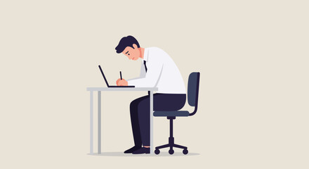 Fototapeta premium A man sitting at a desk, working on a laptop and writing in a notebook.