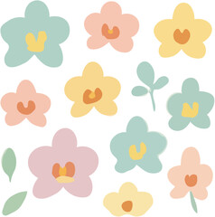Cute Pastel Hand-Drawn Flowers and Leaves Illustration