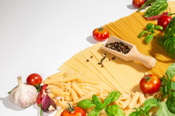 Italian Food Ingredients Pasta, Tomatoes, Basil, Garlic, and Spices