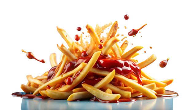 A dynamic splash of chili ketchup enveloping a pile of golden, crisp french fries with droplets flying in the air, set on sky blue and transparent background