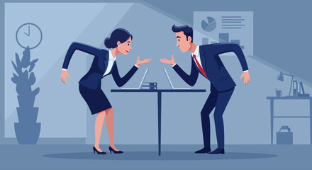 Fototapeta premium Two business people facing each other across a table, arguing or negotiating with laptops between them in an office setting.