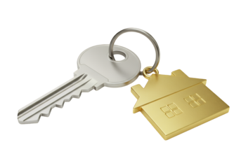 Silver house key with gold charm isolated on transparent background
