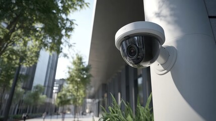 Modern security camera positioned on a building exterior in an urban environment with greenery and skyline view
