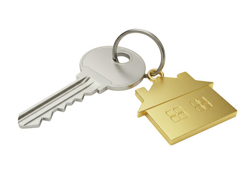 Silver house key with gold charm isolated on transparent background