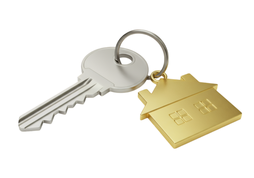 Silver house key with gold charm isolated on transparent background
