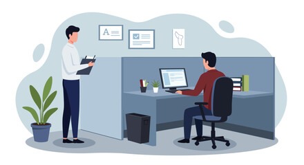 Two men in an office setting. One man is standing with a clipboard, while the other is seated at a desk working on a laptop.