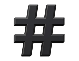 Flat Style Hashtag Symbol in Bold Black, Centered Front View, isolated on transparent background.