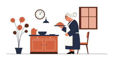 Elderly woman serving hot meal in cozy kitchen environment  
