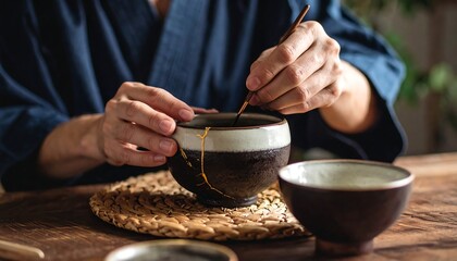 Person stirring tea in a ceramic bowl