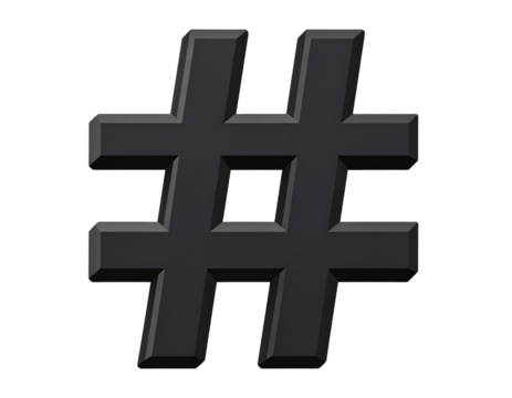 Flat Style Hashtag Symbol in Bold Black, Centered Front View, isolated on transparent background.