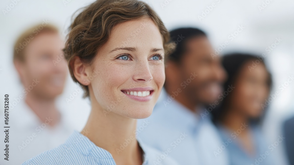 Poster diverse group of business professionals casually networking at corporate event set against simple mi