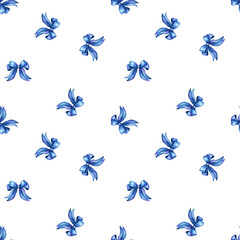 Hand drawn seamless pattern with blue cute watercolor ribbon bows. Trendy grandmillenial preppy design for birthday celebration party, girly nursery decor, lovely decoration greeting, love gift retro