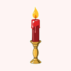 Fototapeta premium Red candle with flame and dripping wax on golden holder 