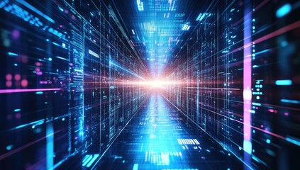 Futuristic digital tunnel filled with vibrant code