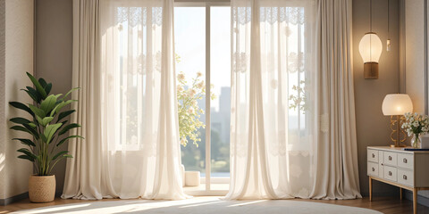 Neutral curtains gently blowing through an open window in a peaceful, light-filled interior with soft natural tones and elegant daylight - ideal for real estate and lifestyle home branding visuals