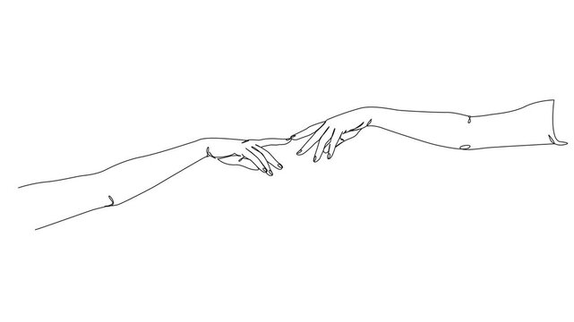 animated continuous single line drawing of two stretched out arms, index fingers touching, line art animation