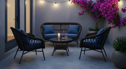 Chic Patio with Espresso Wicker Chairs and Midnight Blue Accents &ndash; Stylish Outdoor Living Space for Relaxation, Entertaining, and Modern Backyard Design Inspiration